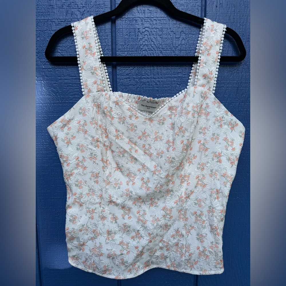 Elegant Floral Lace-Textured Camisole in White with Peach Accents